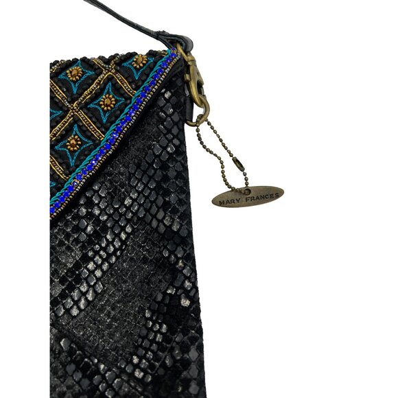 MARY FRANCES Black Beaded & Gem Embellished Flap Embossed Suede Shoulder Bag New - Picture 4 of 8